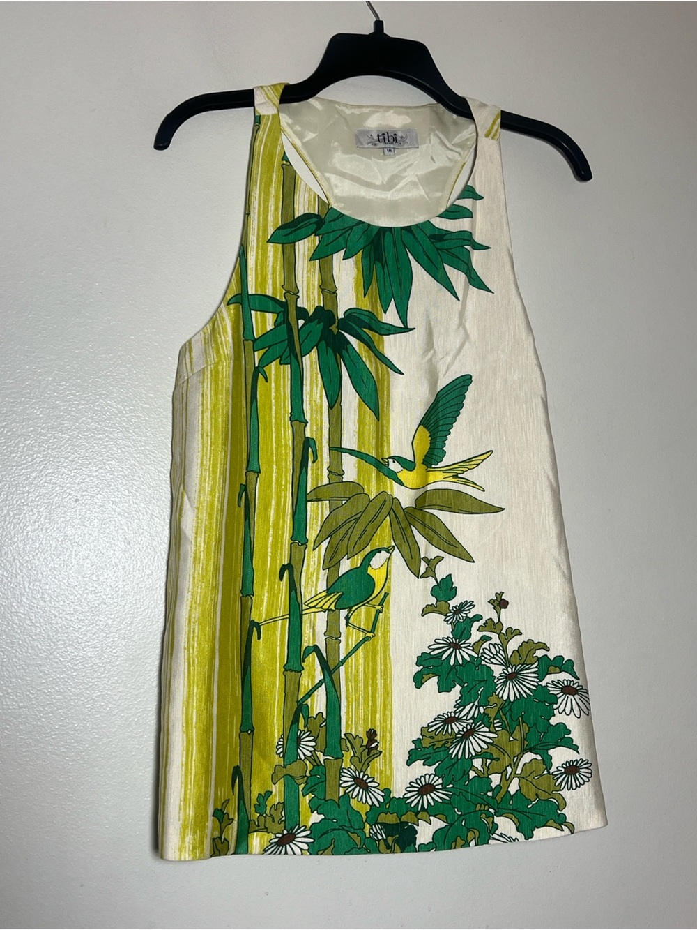 Tibi NY Linen Silk Tropical Bird Leaf Tank Top White & Green 10